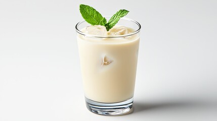 Wall Mural - Refreshing creamy drink with ice cubes and mint leaves on white background studio shot