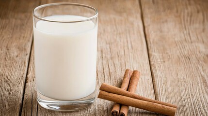 Wall Mural - Creamy milk in clear glass with cinnamon sticks on rustic wooden table for healthy breakfast