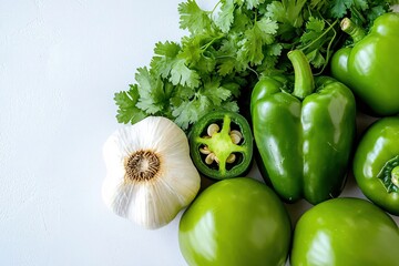 Wall Mural - Fresh green bell pepper with garlic and cilantro on a white background for cooking