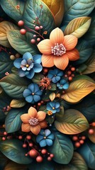 Wall Mural - Close-up of a cluster of colorful flowers with blue and orange hues, surrounded by leaves, vibrant botanical composition