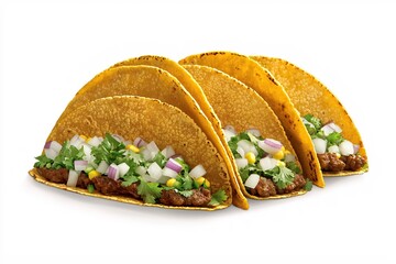 Wall Mural - Four delicious tacos with meat and vegetable toppings on a white background studio shot