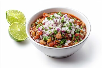 Wall Mural - Delicious hearty stew with lime and onion in a white bowl on a bright white background