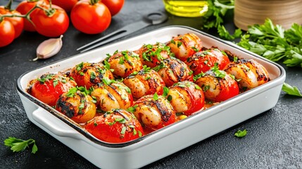 Wall Mural - Grilled Scallops Wrapped in Tomato with Fresh Parsley in Baking Dish on Dark Stone Surface