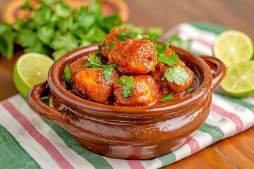 Wall Mural - Delicious potato bravas tapas in terracotta bowl garnished with fresh cilantro and lime