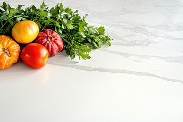 Wall Mural - Fresh Heirloom Tomatoes and Parsley on Marble Countertop in Kitchen with Natural Light