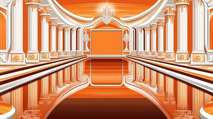 Wall Mural - Warm orange light illuminates grand symmetrical hall reflective floor creates infinite perspective. AI Generated