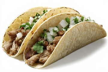 Wall Mural - Delicious carnitas tacos with fresh cilantro and onion on a white background close up view