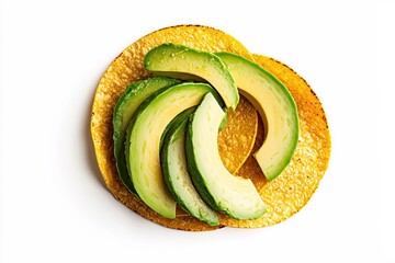 Wall Mural - Delicious avocado slices on a crispy tortilla chip creating a vibrant and appetizing snack