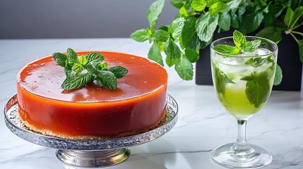 Wall Mural - Elegant Caramel Cake with Fresh Mint and Refreshing Mojito on Marble Tabletop Backdrop