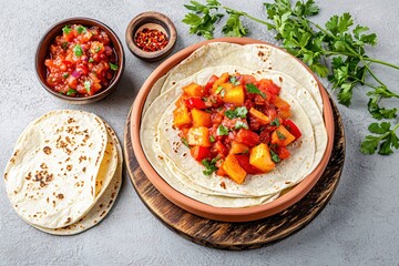 Wall Mural - Delicious homemade tortillas with vegetable salsa and fresh parsley on a rustic wooden board