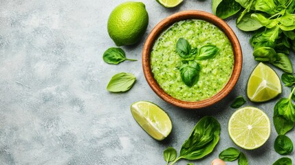 Wall Mural - Vibrant lime basil pesto in wooden bowl with fresh limes and basil leaves on gray surface