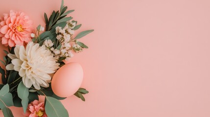 Wall Mural - Spring Floral Arrangement with Egg on Pink Background: Nature's Elegant Easter Celebration