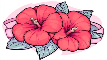 Wall Mural - Vibrant hibiscus blossoms elegantly framed by soft pink ribbon. AI Generated