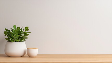 Wall Mural - architectural 3D renderings interior realism concept. A minimalist display featuring a leafy plant in a white pot and a small cup, set on a wooden table against a neutral wall.