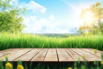 Wall Mural - Empty wooden table with outdoor garden grass bokeh and sunny sky. Template backdrop for display your product