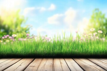 Wall Mural - Empty wooden table with outdoor garden grass bokeh and sunny sky. Template backdrop for display your product