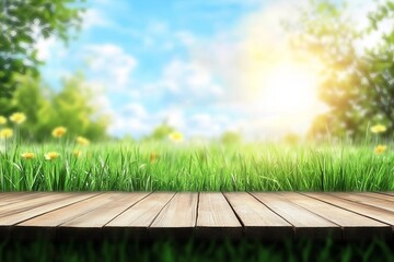 Wall Mural - Empty wooden table with outdoor garden grass bokeh and sunny sky. Template backdrop for display your product