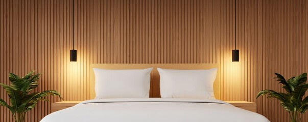 Wall Mural - architectural 3D renderings interior realism concept. A modern bedroom featuring a wooden accent wall, neatly arranged bed with white pillows, and stylish lighting fixtures.