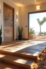 Wall Mural - Modern Beachfront Entrance with Wooden Flooring and Natural Lighting