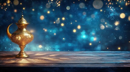 Wall Mural - ramadan background with ample copy space, lanterns and crescent moon, star bokeh lights, an old wood