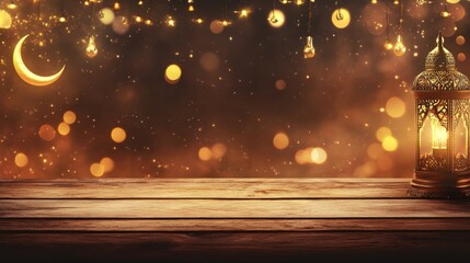 Wall Mural - ramadan background with ample copy space, lanterns and crescent moon, star bokeh lights, an old wood