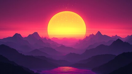 Wall Mural - Vibrant Sunset Over Silhouetted Mountains. AI Generated