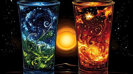 Wall Mural - Vibrant cosmos swirl inside two glasses contrasting fire and water against a setting sun. AI Generated