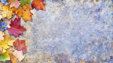 Wall Mural - Vibrant autumn leaves elegantly arranged against a cool grey stone background. AI Generated