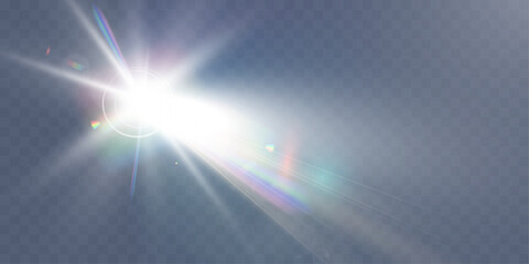 Wall Mural - bright white light explosion with lens flare, rainbow reflections, and sparkles on transparent backg