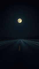 Wall Mural - The full moon casts an eerie glow over a stretch of empty asphalt on a deserted highway at night, gloom, isolated landscape, eeriness