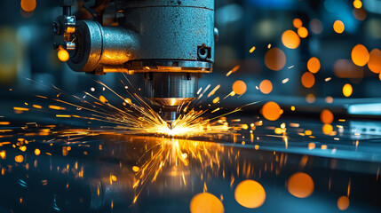 Wall Mural - Laser cutting machine creating sparks in metal workshop