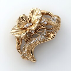 Wall Mural - Elegant gold floral brooch with diamonds on white background displaying intricate design