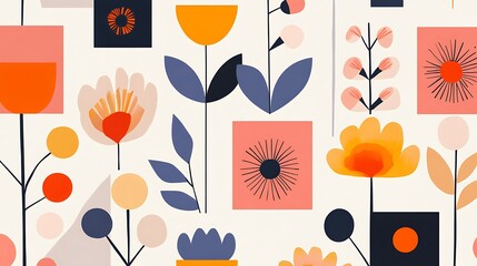 Wall Mural - Abstract Floral Design with Geometric Shapes and Bold Colors