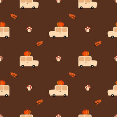 Wall Mural - Truck pumpkin cartoon so cute. On leaf mushroom background. Pattern seamless vector illustration. 