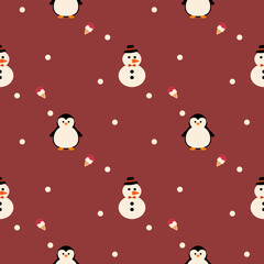 Wall Mural - Snowman and penguin cartoon so cute. On ice cream snow red background. Pattern seamless vector illustration. 