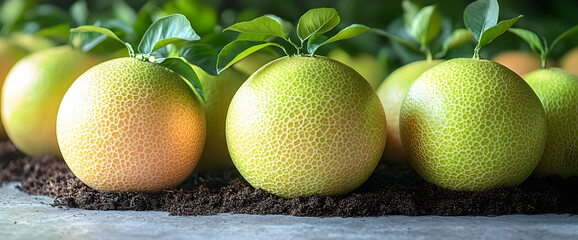 Sticker - Group Of Round Fruits On Dark Soil With Green Leaves