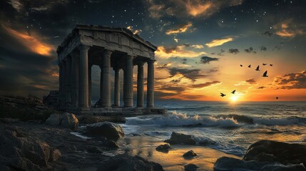 Wall Mural - Sunset over ancient temple ruins by the sea (1)