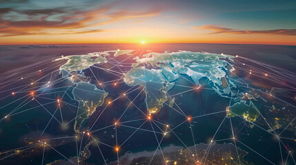 Poster - World Map with Glowing Network Connections at Sunset. Top View of Earth with Luminous Links Between Cities, Representing Worldwide Communication and Data Exchange.