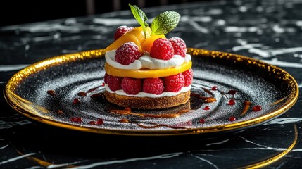 Wall Mural - Delicious mango and raspberry fruit sandwich with fresh cream, plated on a gold-rimmed dish, luxury food photography