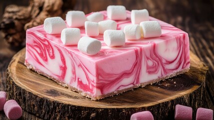 Wall Mural - Delicious pink marble cake with vanilla and raspberry swirls, topped with white and pink marshmallows, placed on a rustic wooden plate