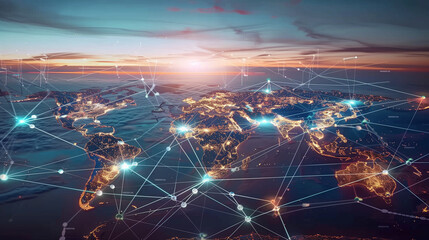 Poster - World Map with Glowing Network Connections at Sunset. Top View of Earth with Luminous Links Between Cities, Representing Worldwide Communication and Data Exchange.
