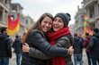 © WoodHunt - People are celebrating the end of the war in a devastated city, smiling and embracing each other. The background shows ruined buildings and colorful banners, symbolizing hope and new beginnings