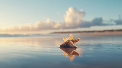 Wall Mural - Starfish resting on a tranquil beach at sunset with gentle waves and a colorful sky