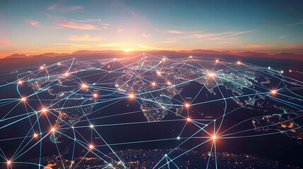 Poster - World Map with Glowing Network Connections at Sunset. Top View of Earth with Luminous Links Between Cities, Representing Worldwide Communication and Data Exchange.