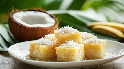 Wall Mural - Pieces of Kanom Kluay topped with shredded coconut on a white dish, with a coconut half and banana leaves in the background