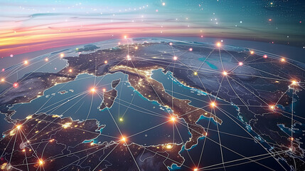 Poster - World Map with Glowing Network Connections at Sunset. Top View of Earth with Luminous Links Between Cities, Representing Worldwide Communication and Data Exchange.