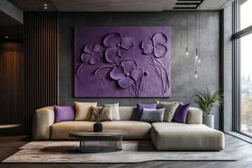 Sticker - Purple floral wall art in modern living room