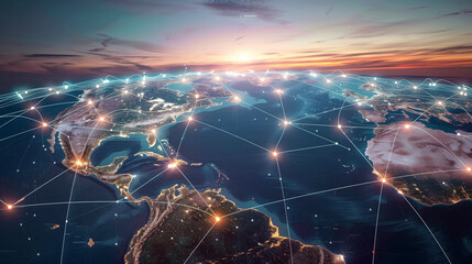 Poster - World Map with Glowing Network Connections at Sunset. Top View of Earth with Luminous Links Between Cities, Representing Worldwide Communication and Data Exchange.
