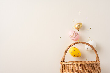 Wall Mural - vibrant easter holiday scene displaying colorful eggs and a wicker basket, surrounded by confetti. c