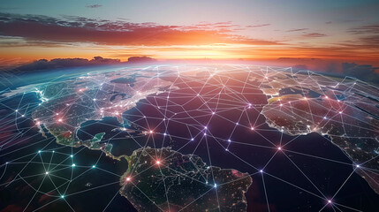 Poster - World Map with Glowing Network Connections at Sunset. Top View of Earth with Luminous Links Between Cities, Representing Worldwide Communication and Data Exchange.